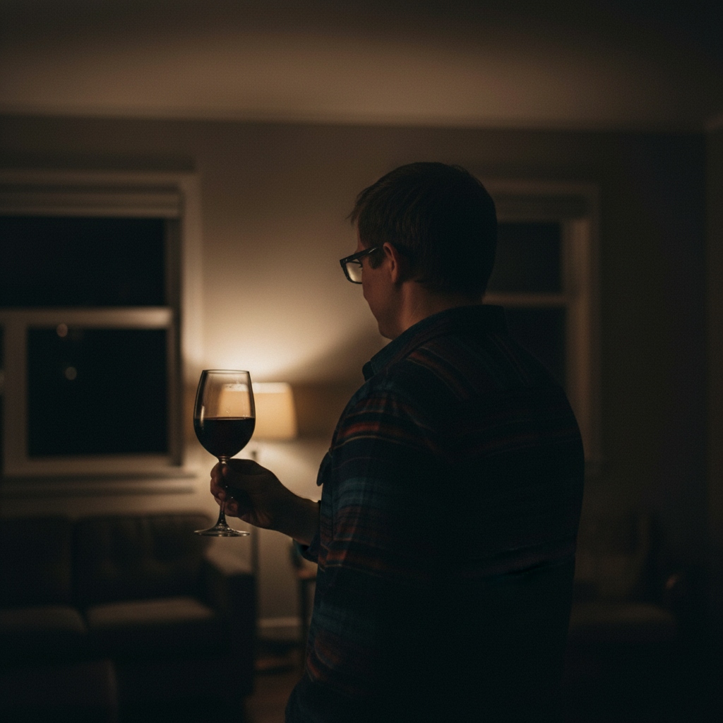 A man holding a glass of wine in a dim lit room