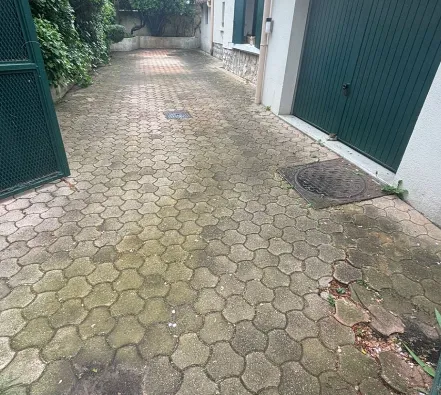 Piscine rectangulaire entourée d'une terrasse en bois avec des arbres et une haie en arrière-plan.