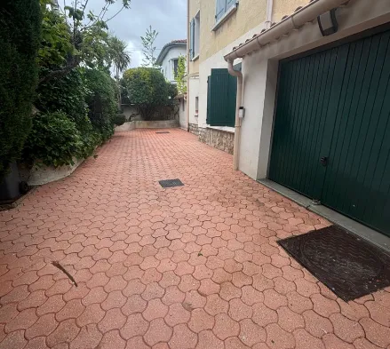Piscine rectangulaire entourée d'une terrasse en bois avec deux pots de plantes et herbe verte autour.