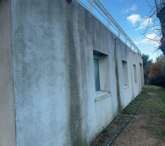 Façade extérieure d'une maison avec volets blancs ouverts, un mur en béton et des arbres verts sous un ciel bleu clair.