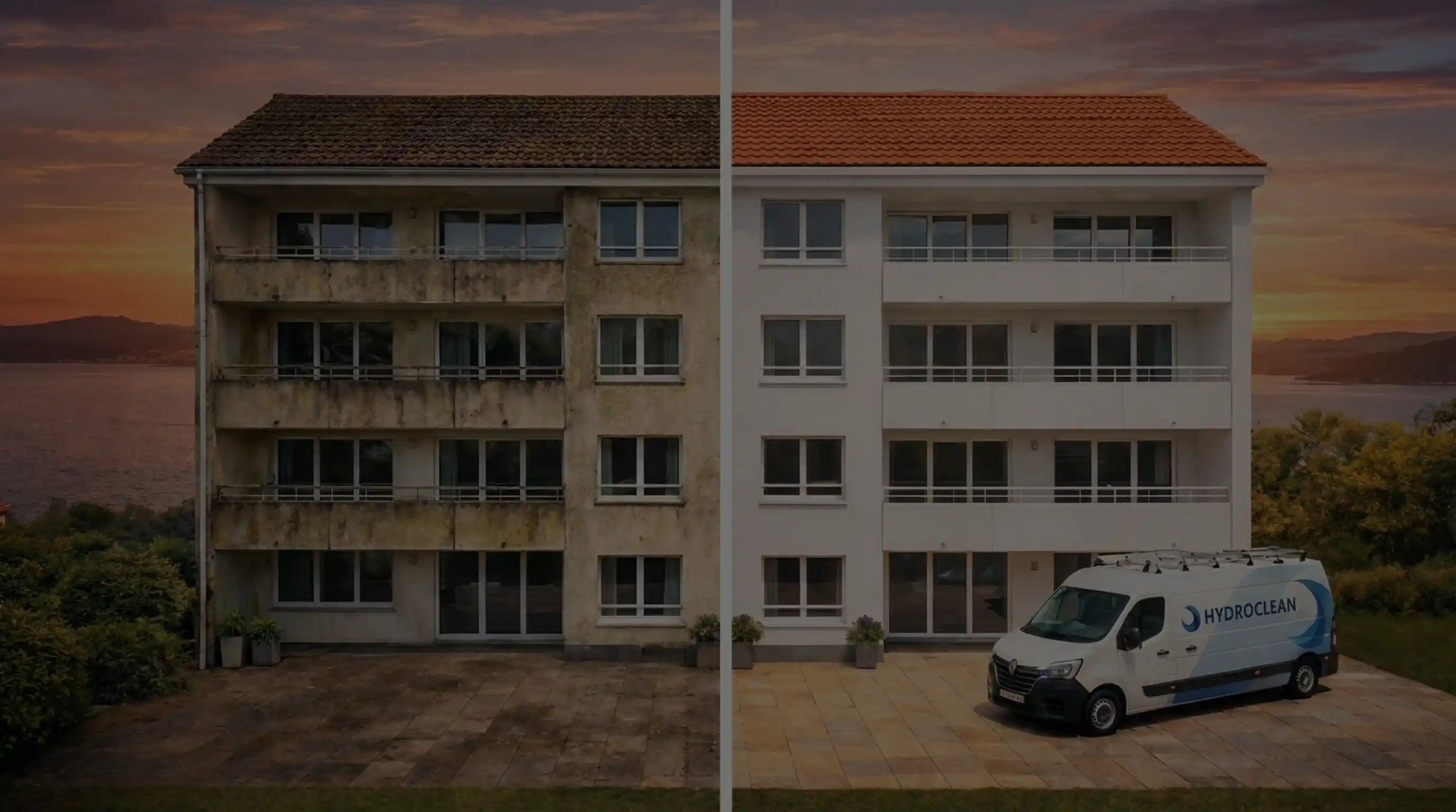 Bâtiment divisé en deux montrant un avant après nettoyage haute pression, avec une façade sale à gauche et propre à droite, un fourgon Hydroclean garé devant.