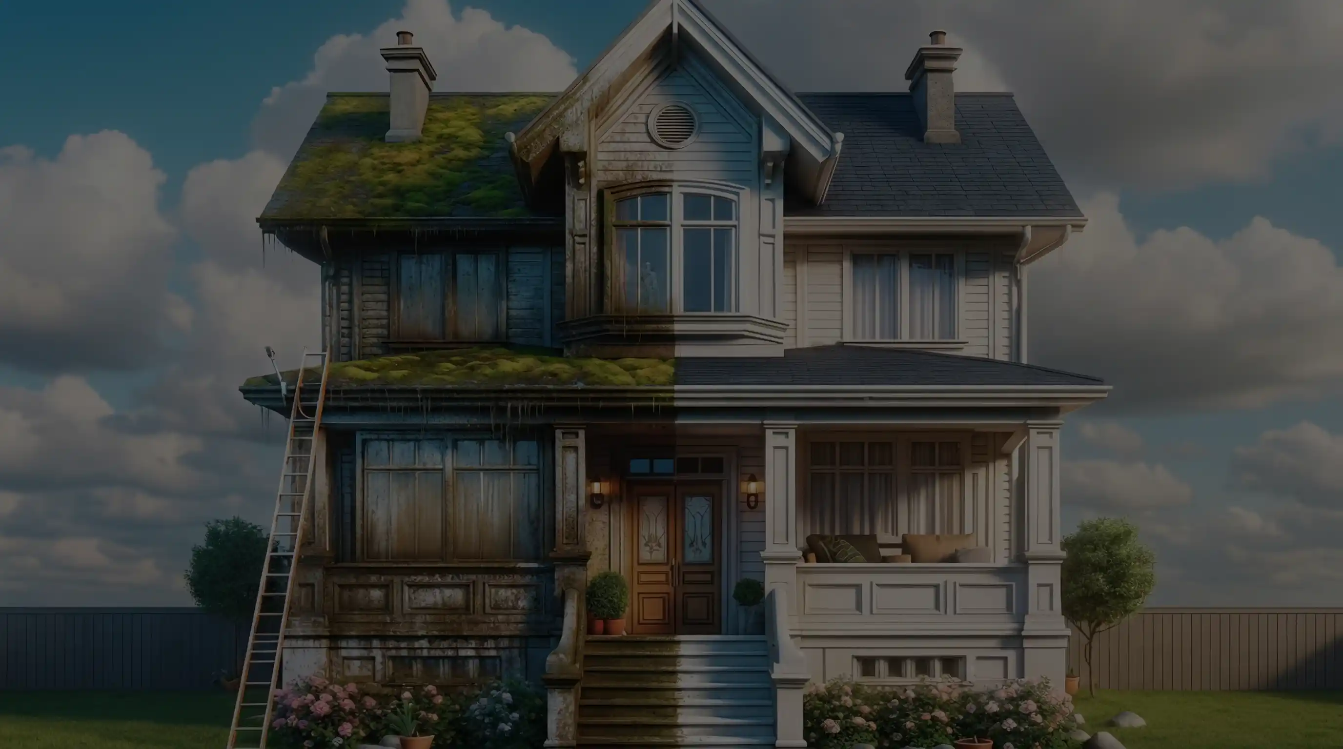 Maison divisée en deux, moitié rénovée et propre à droite, moitié vieille et délabrée à gauche avec escalier et échelle.