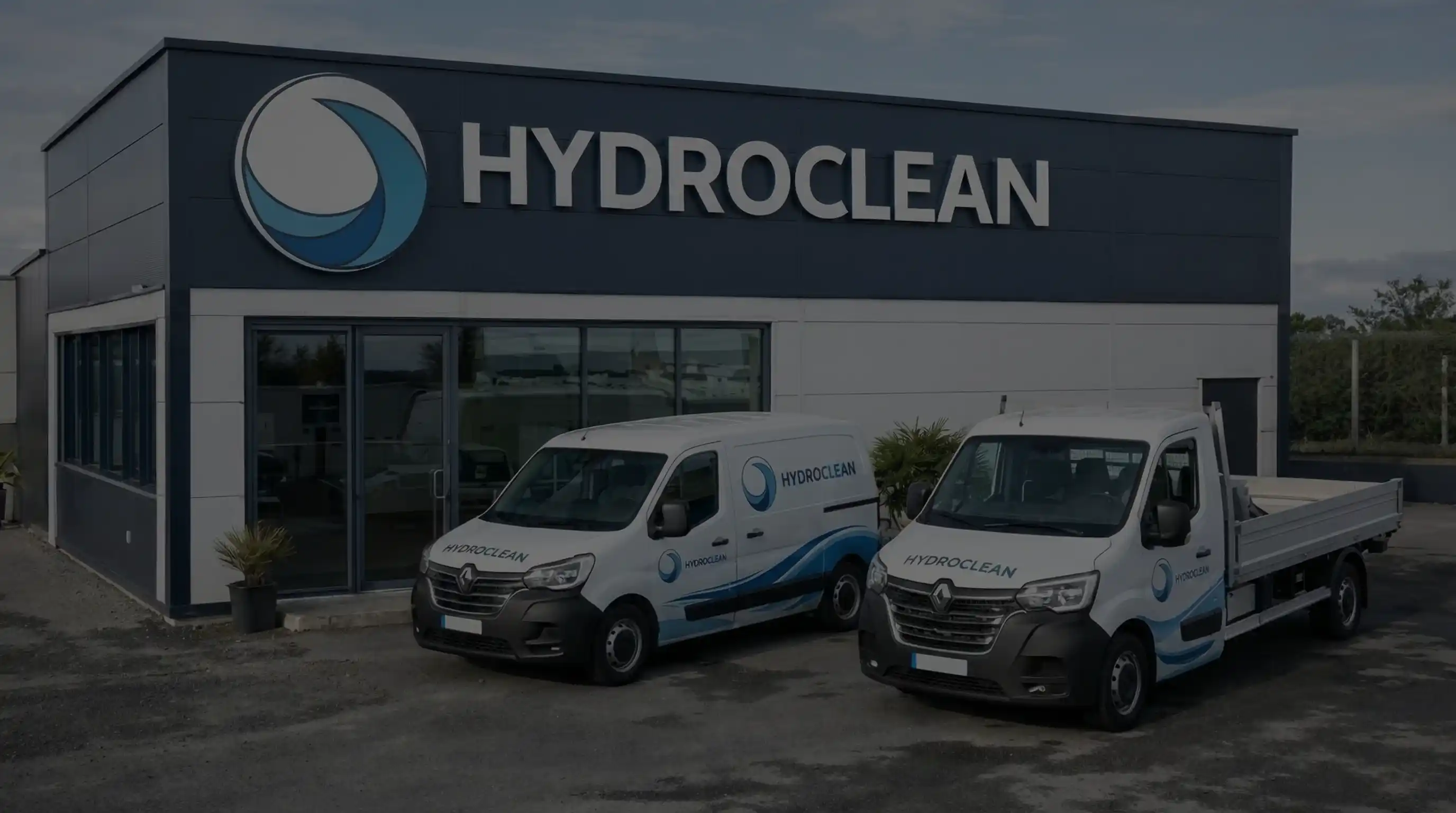 Bâtiment d'entreprise HYDROCLEAN avec deux véhicules de service blanc marqués du logo et du nom HYDROCLEAN.