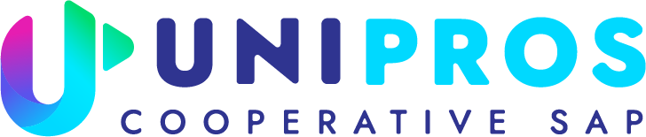 Logo de UNI PROS Cooperative SAP avec un symbole stylisé en dégradé bleu et violet.