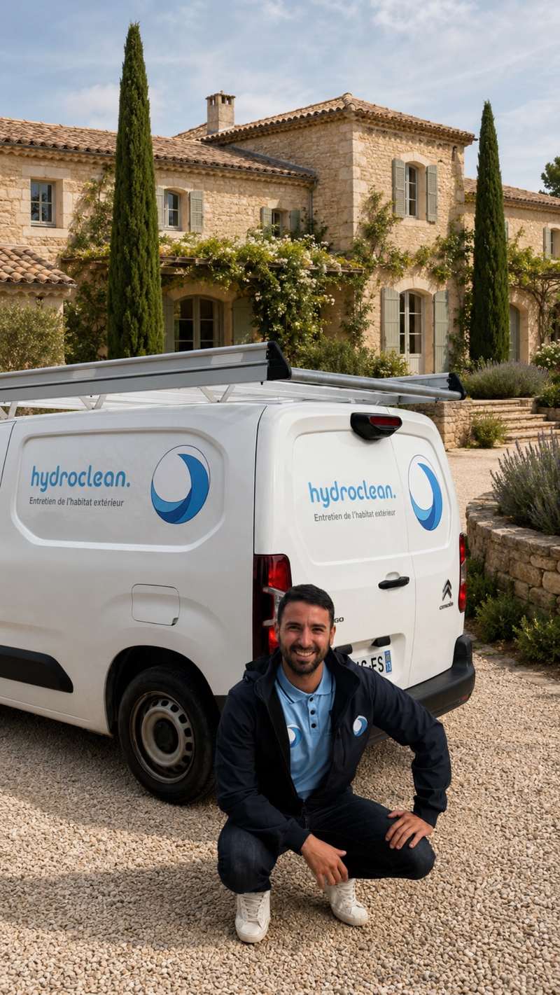 Un homme souriant accroupi devant une camionnette Hydroclean devant une maison en pierre.