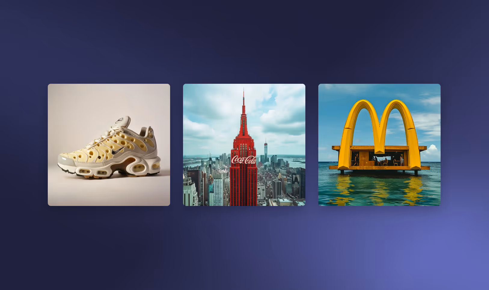 Midjourney images of a Cheese Nike TN, Coca-Cola empire States Building and a Mcdonalds Restaurant in Pacific Ocean