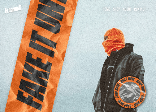 GIF d'une page d'accueil du portfolio qui bouge une bande bouge a la verticale et un bouton pour acheter tourne sur lui même. 