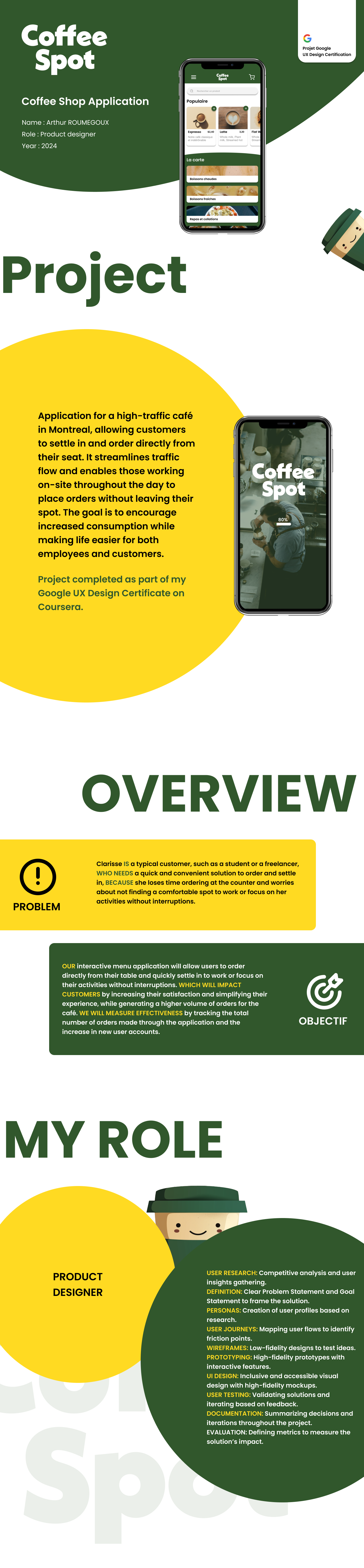 CoffeeSpot mobile app UX case study showing homepage design, project overview, problem statement, objectives and product designer role