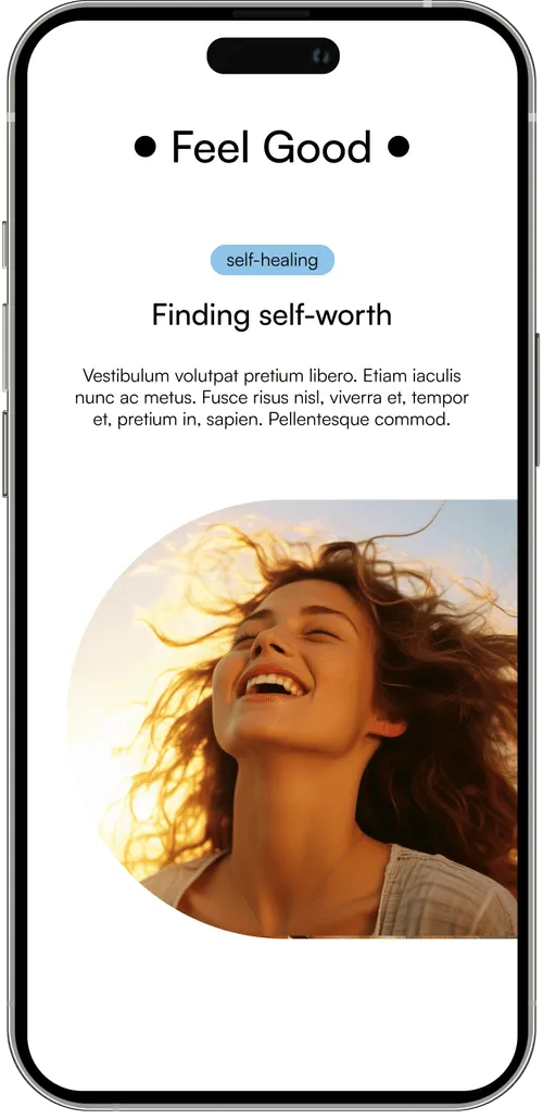 Mobile screen showing a self-healing app titled 'Feel Good' with a smiling woman and text about finding self-worth.