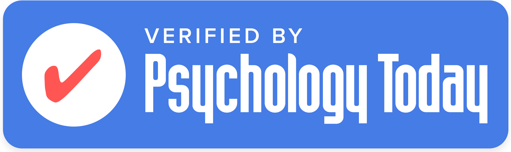 Blue badge with a red checkmark and text 'Verified by Psychology Today'.