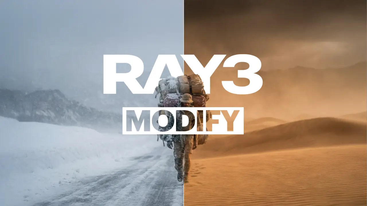 A promotional graphic for Luma Labs Ray 3 Modify featuring a hiker carrying heavy gear walking between two contrasting environments