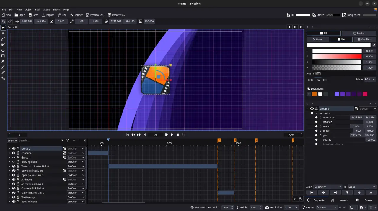 Screenshot of the Friction 1.0.0 RC3 workspace showing the animation timeline and vector graphics canvas.
