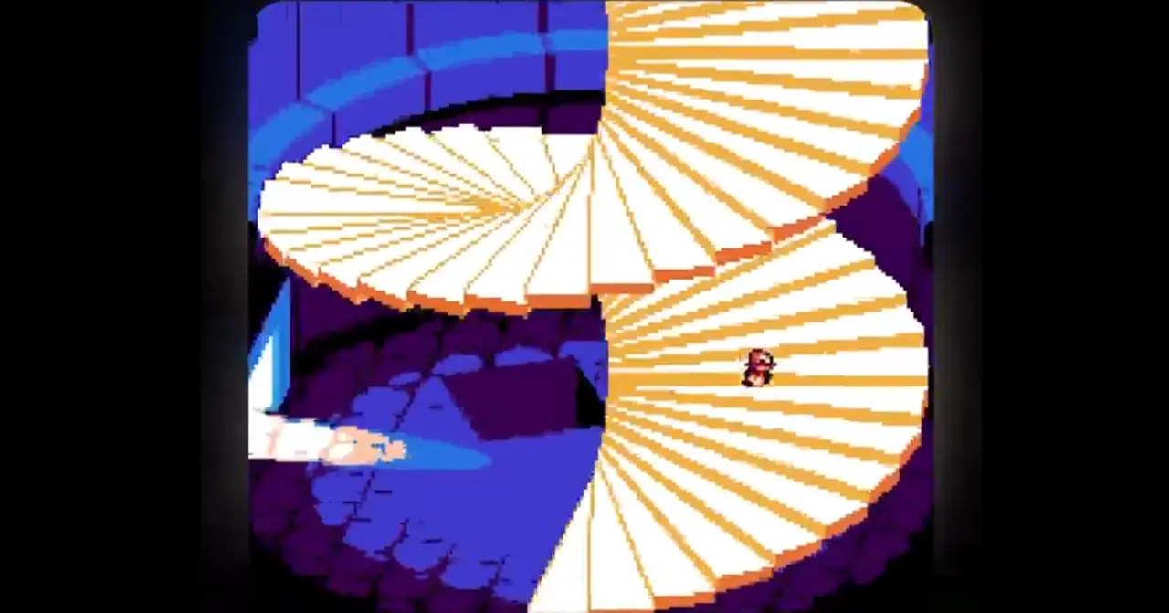 Pixel art game scene demonstrating sprite stacking on a spiral staircase.