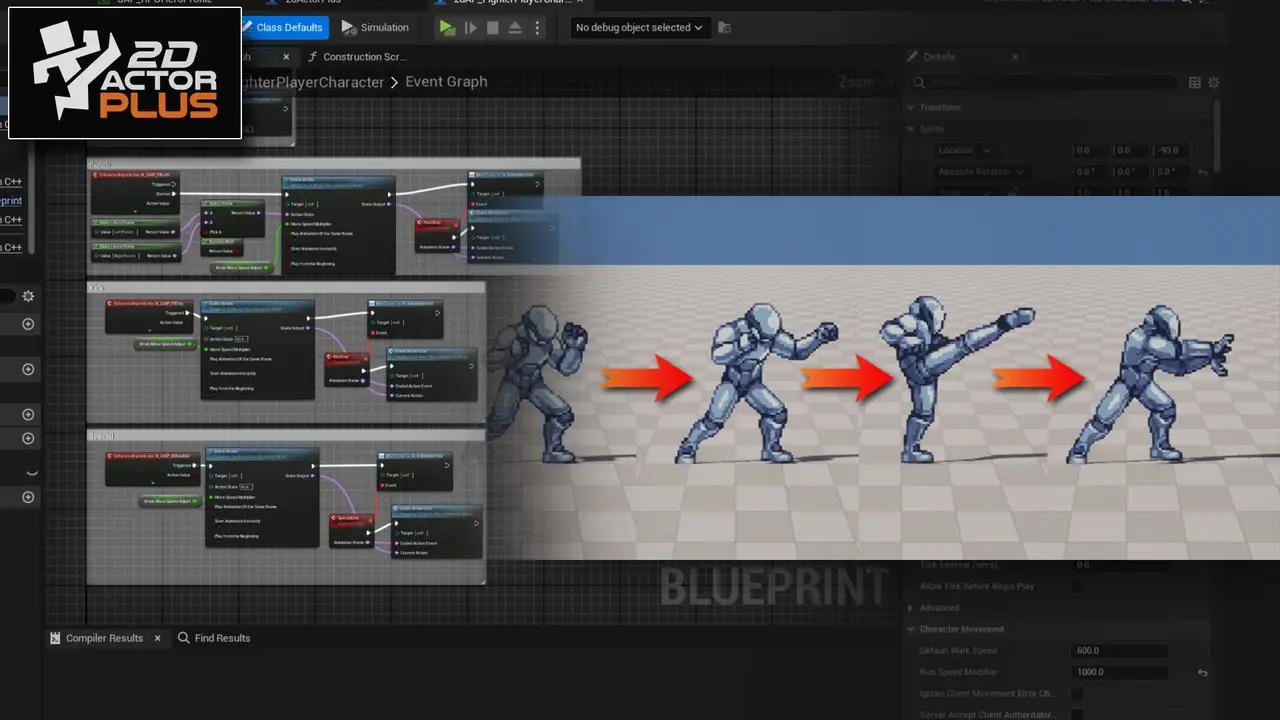 Screenshot of the 2D Actor Plus Blueprint editor in Unreal Engine 5, featuring a complex Event Graph node network on the left and a preview window of a blue robot character displaying directional animation states on the right.