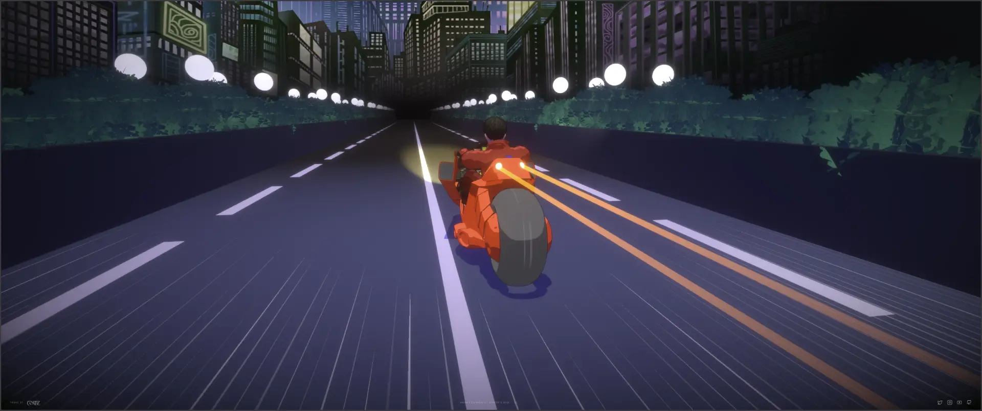Kaneda bike with cel shading and mesh trail VFX in a browser-based 3D scene.