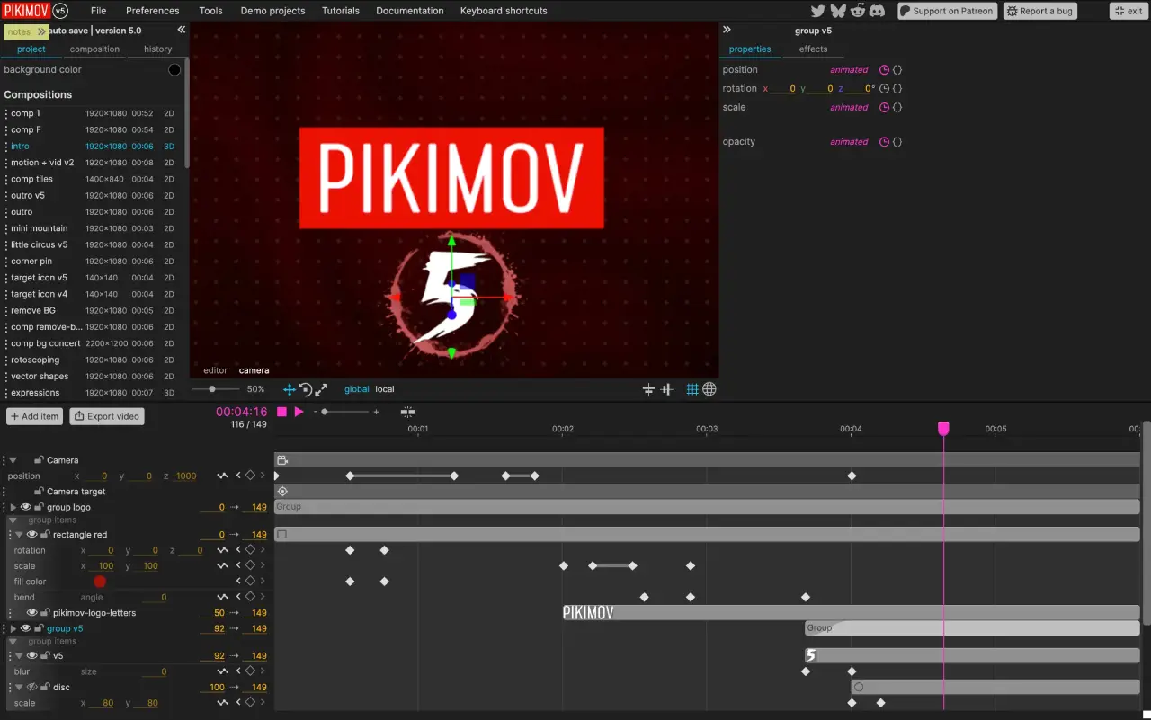 Pikimov 5 browser-based video editor interface showing timeline keyframes, motion graphics composition, and animation controls.