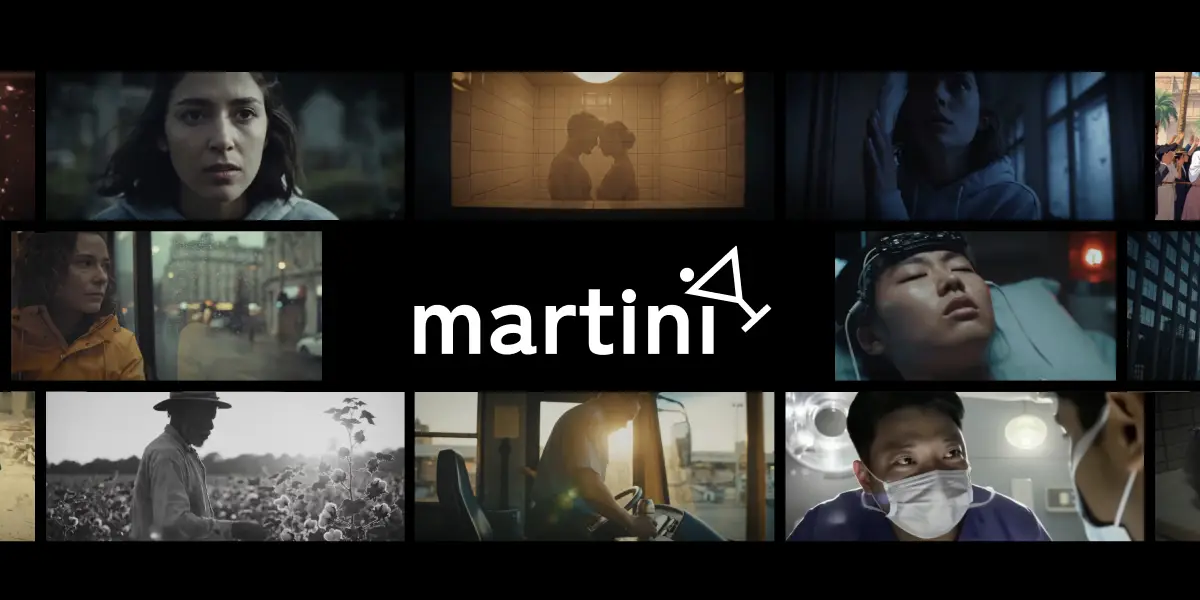  Collage of cinematic film stills produced with Martini, featuring dramatic scenes across multiple genres, surrounding the Martini logo on a black background.