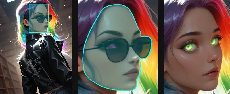 AI-generated anime-style portrait of a woman with rainbow hair and sunglasses, showing Forbidden Vision's three-step face detection, segmentation, and enhancement pipeline.