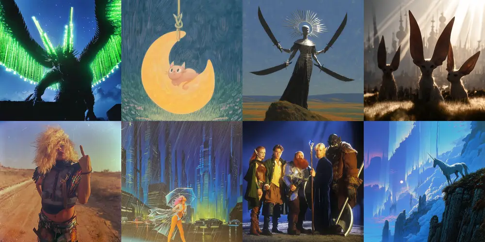 A collage of eight AI-generated images showcasing a variety of Midjourney art styles, including a glowing winged creature, a cat sleeping on a crescent moon, an armoured deity with giant wings, two rabbits silhouetted at sunset, a warrior woman on a desert road, a futuristic rainy cityscape with an anime figure, a fantasy adventurer party, and a unicorn standing on a cliff overlooking a moonlit alien city.