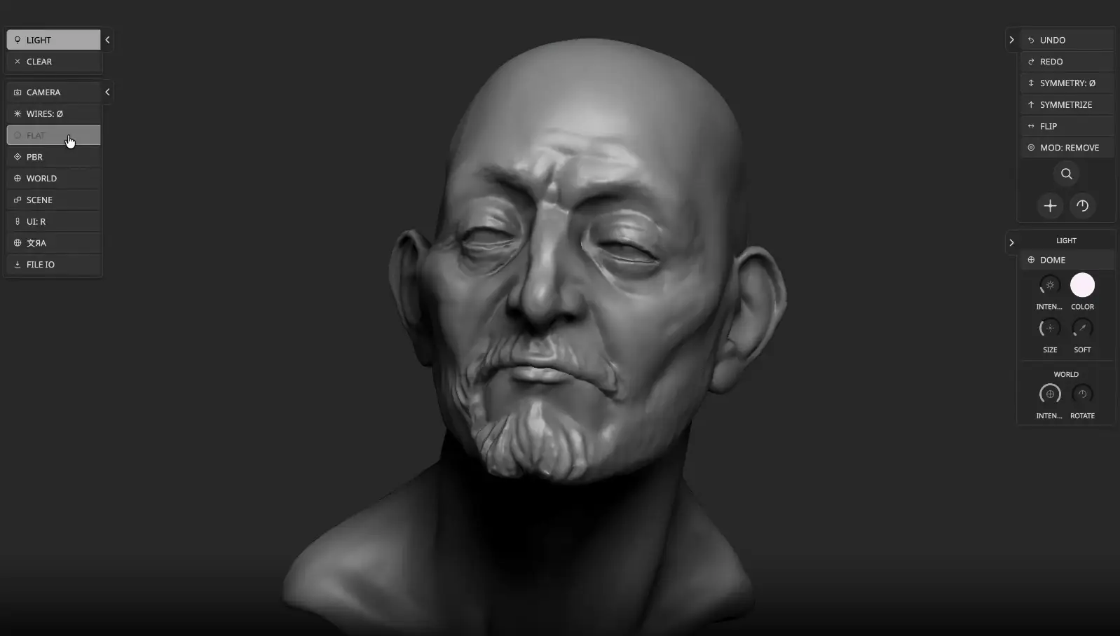 Tamga 3D sculpting interface showing a detailed bust of an elderly man in flat shading mode, with the Light panel open on the left and dome lighting controls on the right.