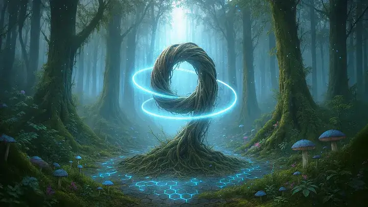 A stylized number 9 formed from twisted twigs and roots, encircled by a glowing blue energy ring, set in a misty enchanted forest with moss-covered trees, bioluminescent mushrooms, and a hexagonal light pattern on the stone path below. The image serves as the visual identity for the Babylon.js 9.0 release.