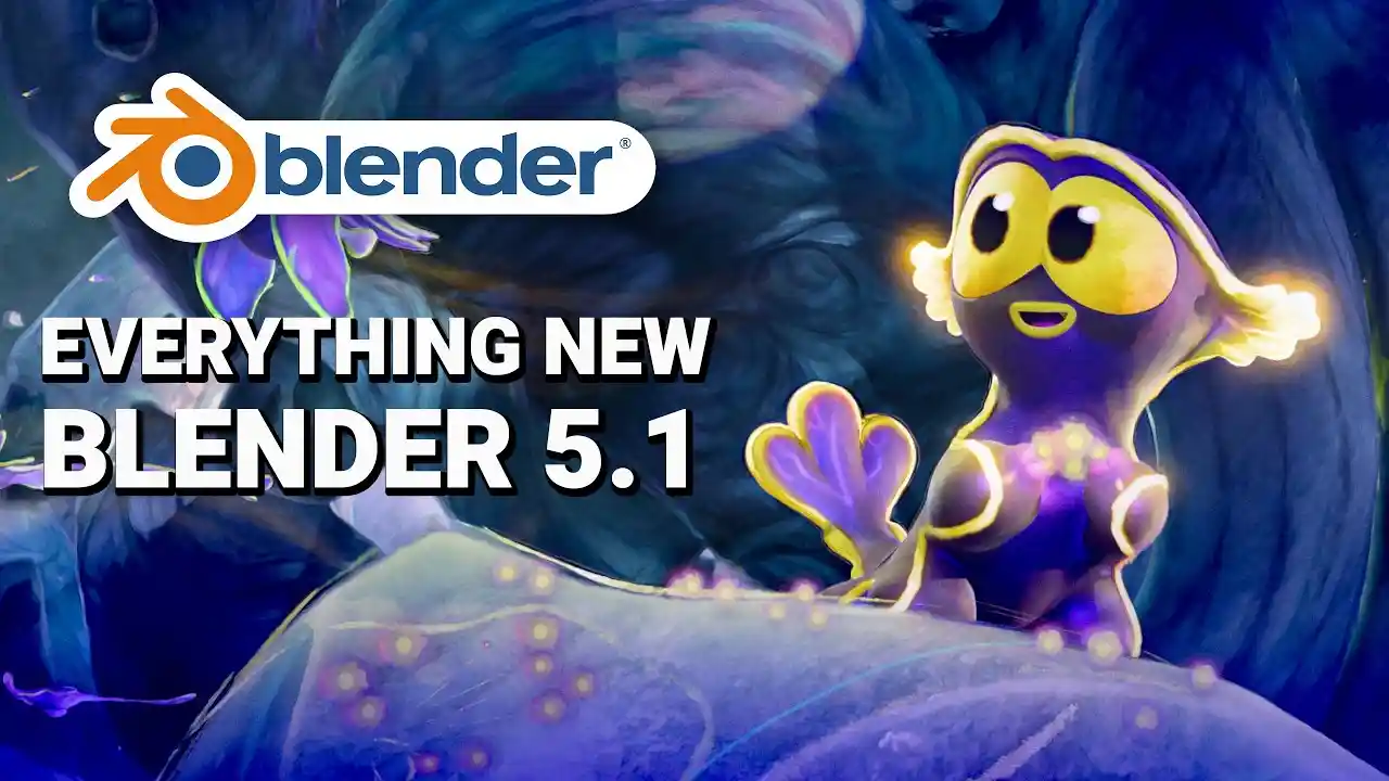 Blender 5.1 release announcement thumbnail featuring the Blender logo and the text "Everything New Blender 5.1" overlaid on a stylized 3D rendered scene with a small glowing cartoon character and a purple flower.