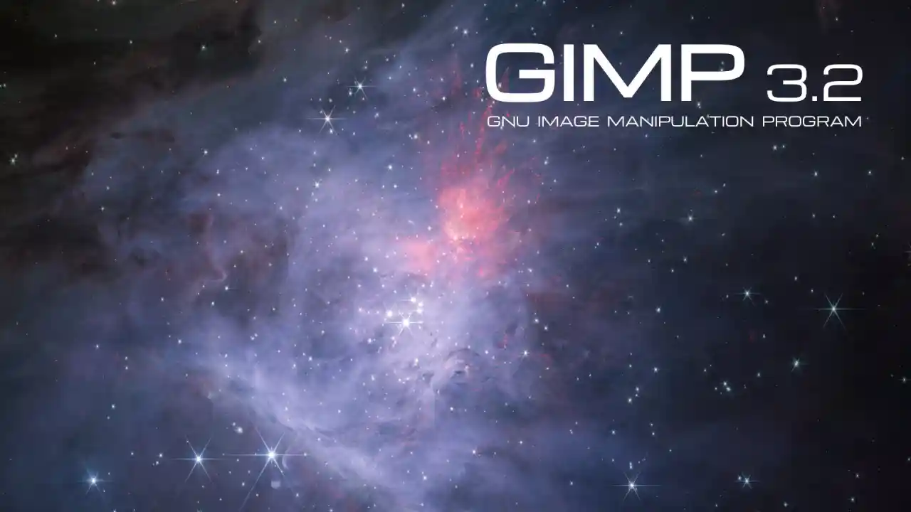 GIMP 3.2 logo with the text "GNU Image Manipulation Program" displayed against a deep space background featuring a glowing nebula and stars.