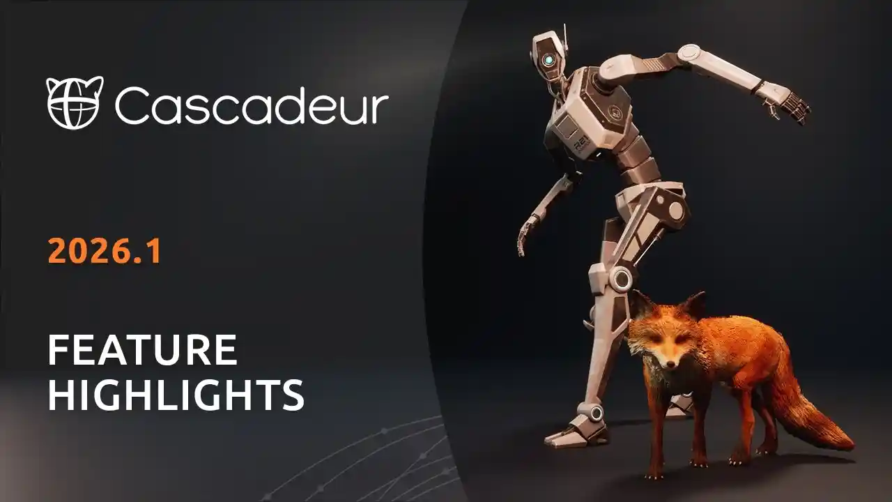 Cascadeur 2026.1 Feature Highlights promotional image showing a metallic bipedal robot character standing alongside a realistic fox, both rendered with detailed lighting against a dark background.