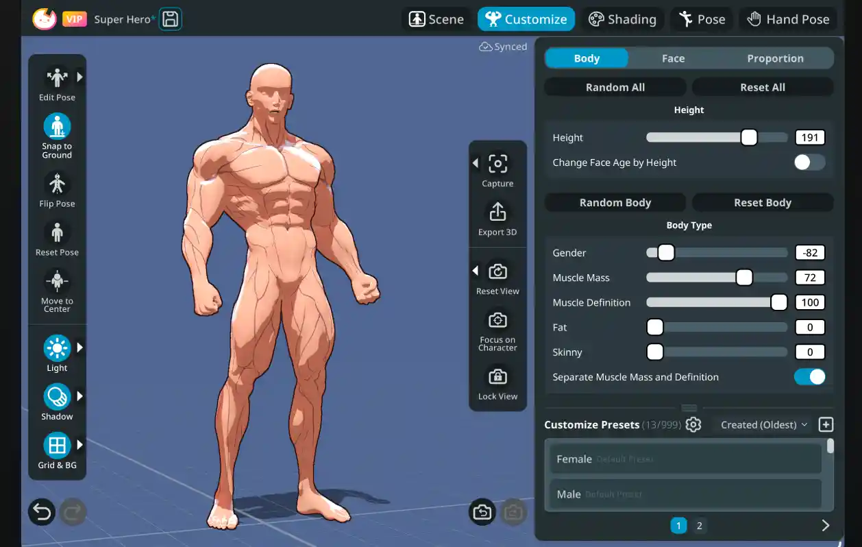Charactool iOS app showing a muscular male 3D character in the Customize panel, with body sliders for height, muscle mass, muscle definition, fat, and skinny, alongside customize presets including Female and Male defaults.