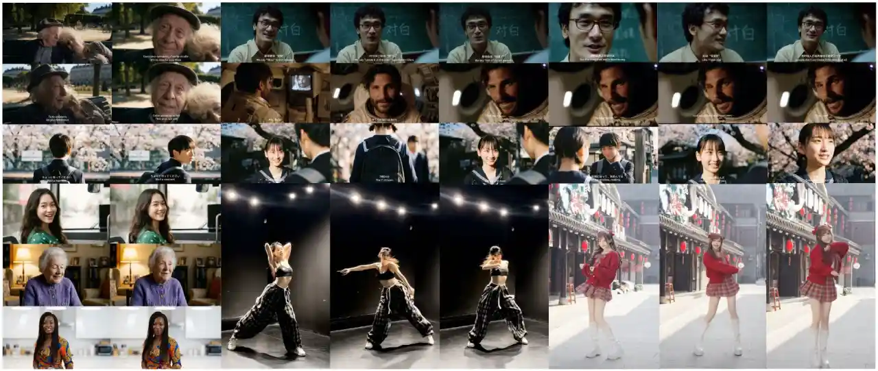 A collage of still frames from AI-generated videos produced by the daVinci-MagiHuman model, showing diverse human subjects in a variety of scenes, including elderly people in outdoor settings, men speaking in interview-style close-ups with Chinese subtitles, young Asian students near cherry blossoms, a woman smiling in a living room, a dancer performing in a spotlit studio, and a young woman in a red outfit walking through a traditional Japanese street lined with lanterns.