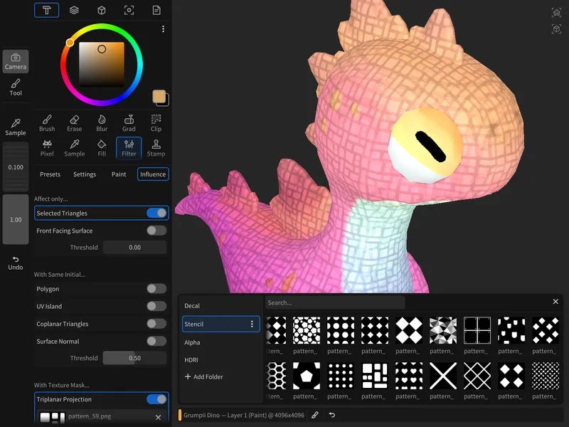 Screenshot of Wafer, a 3D texture painting app on iPad, showing a stylized pink dinosaur character being painted, with the Influence panel open on the left and a stencil asset browser visible in the foreground.