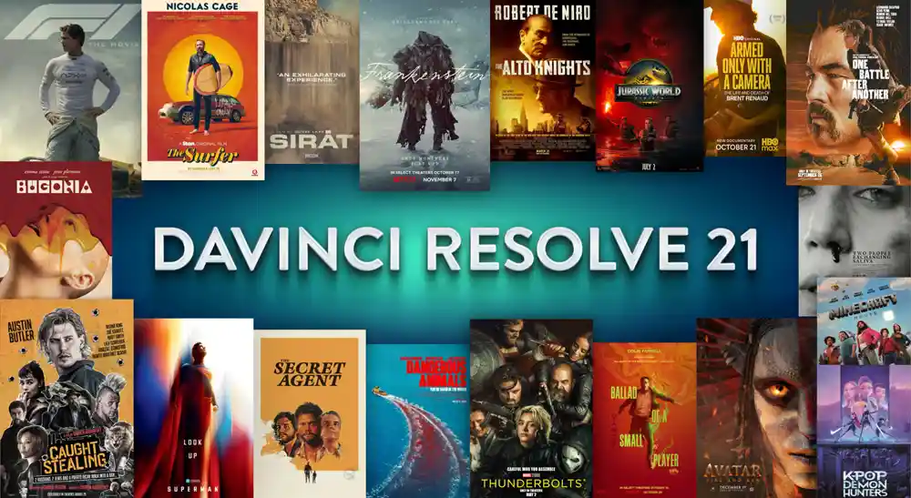 Promotional banner for DaVinci Resolve 21, featuring the software's name in large bold white text at the center, surrounded by a collage of movie and TV posters including The Surfer, Sirat, Frankenstein, The Alto Knights, Jurassic World, Superman, Thunderbolts, Avatar, Minecraft, and others, set against a teal gradient background.