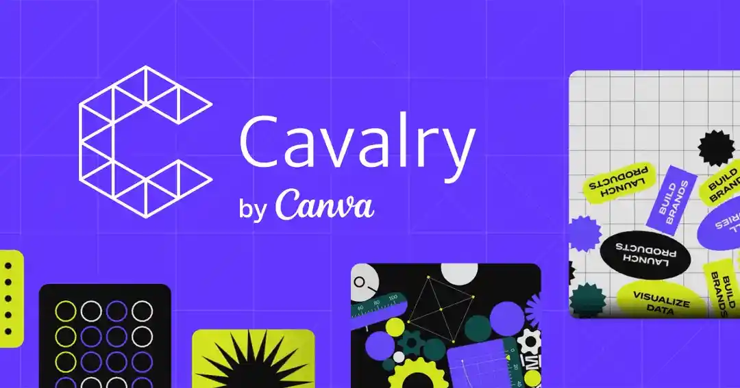 Cavalry by Canva logo on a purple background, with motion design examples including animated shapes, data visualizations, and graphic elements.
