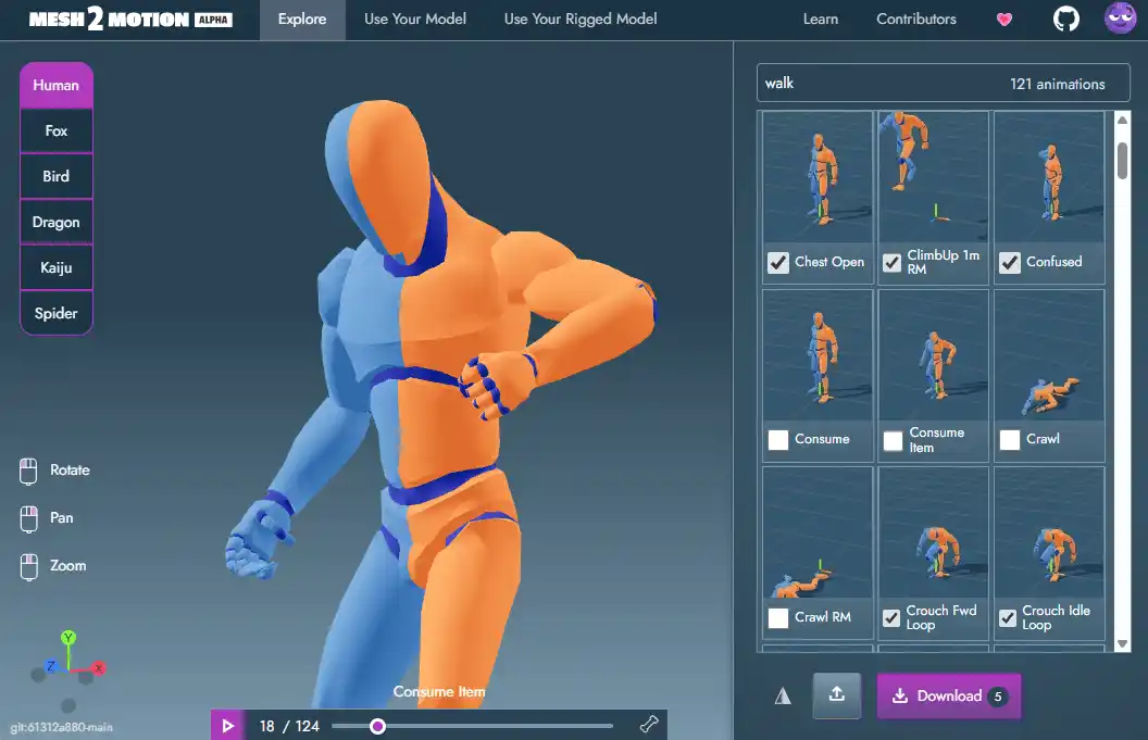 Screenshot of the Mesh2Motion web application showing a 3D human character model in a "Consume Item" animation pose, displayed alongside a searchable animation library panel with 121 results for "walk", including animations such as Chest Open, ClimbUp, Confused, Consume, Crawl, and Crouch. Character type options (Human, Fox, Bird, Dragon, Kaiju, Spider) are visible in the left sidebar, with viewport controls for Rotate, Pan, and Zoom. The bottom bar shows the timeline at frame 18 of 124 with a Download button for 5 selected animations.