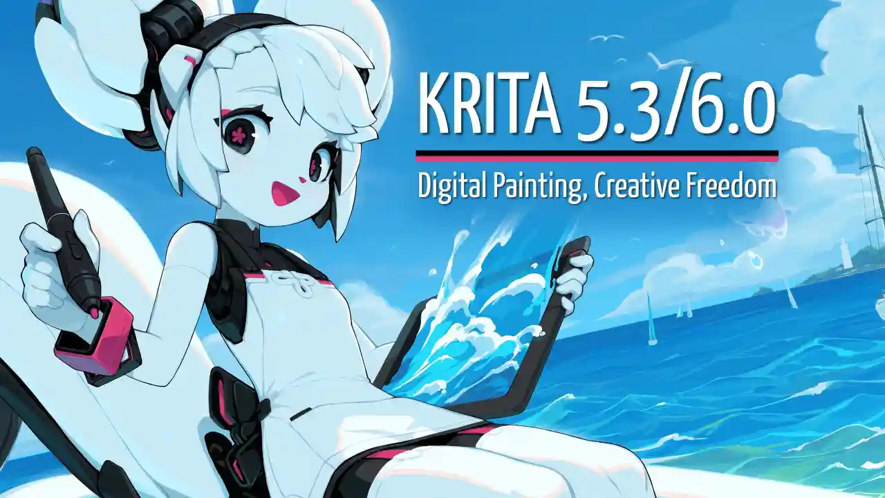 Promotional banner for Krita 5.3 and 6.0 featuring an anime-style robot character holding a stylus and a drawing tablet, seated against a bright blue ocean and sky background, with the text "Krita 5.3/6.0 - Digital Painting, Creative Freedom."