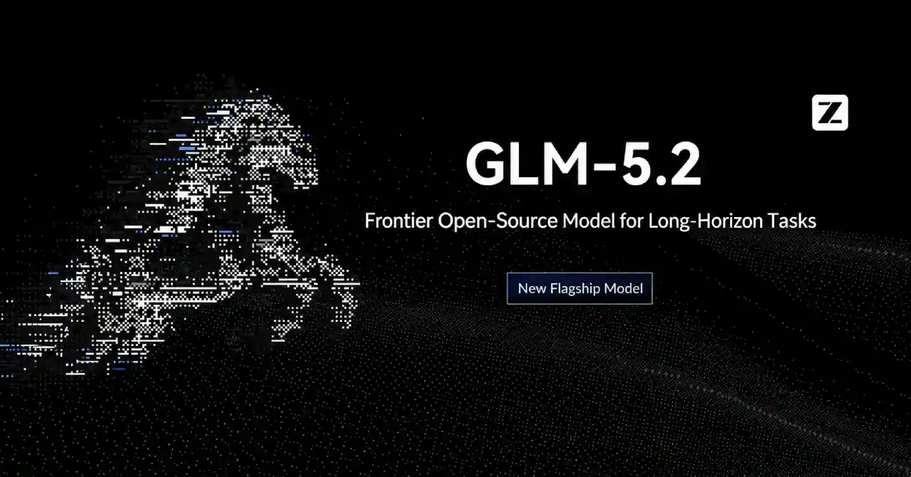 GLM-5.2 promotional banner on a black background, with a white particle-style horse graphic on the left, the title "GLM-5.2," the tagline "Frontier Open-Source Model for Long-Horizon Tasks," a "New Flagship Model" button, and the Z.ai logo in the top right corner.