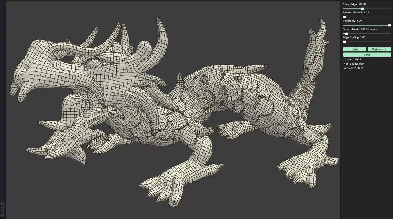AutoRemesher interface showing a dragon model converted into clean quad topology, with the settings panel displaying 26032 quads, 1184 non-quads, and 27680 vertices.
