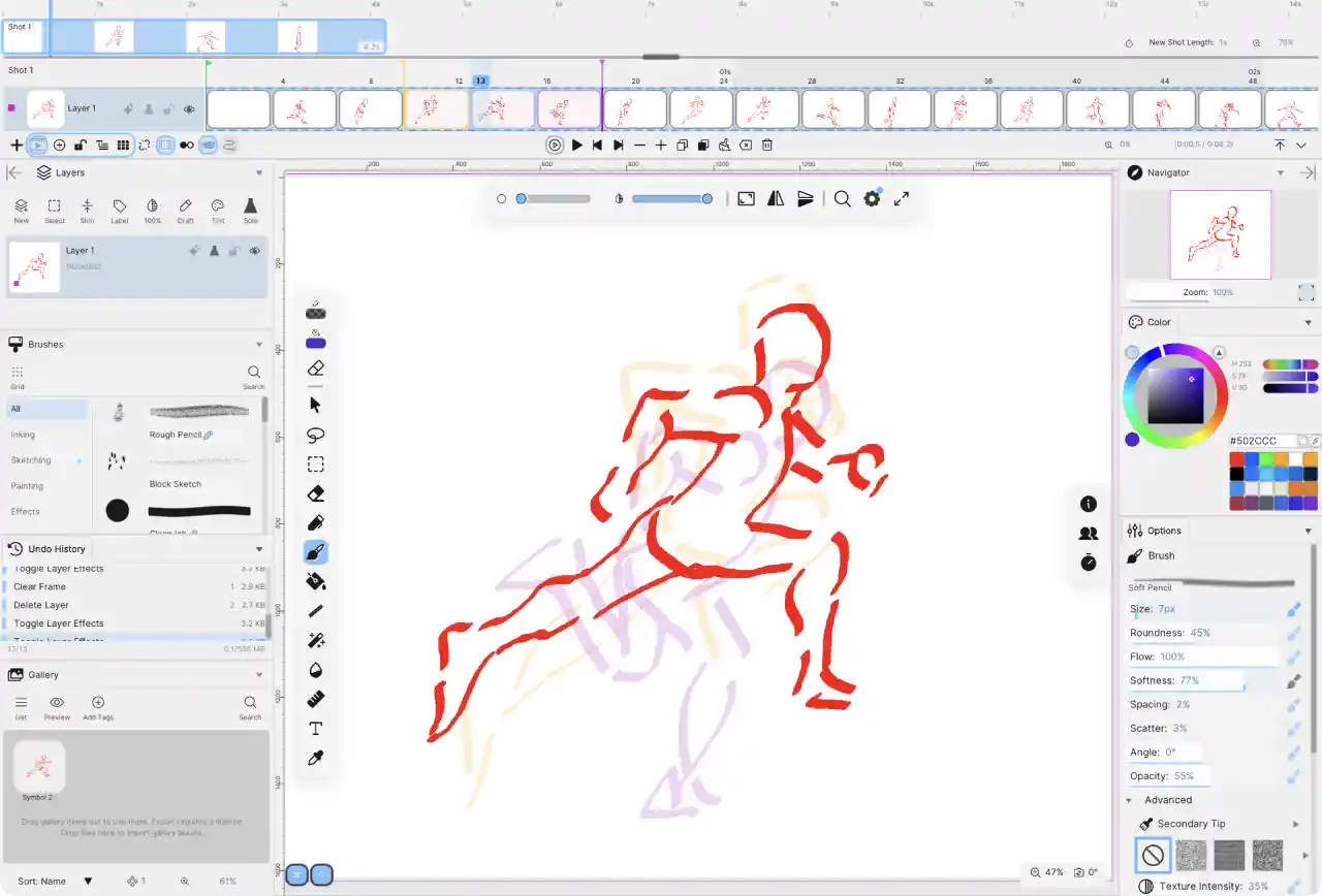 Screenshot of the Umoupen animation app showing a red line drawing of a running figure on the canvas, with a purple rough sketch beneath it. The interface displays an animation timeline with frame thumbnails at the top, a layers and brushes panel on the left, and color and brush settings on the right.