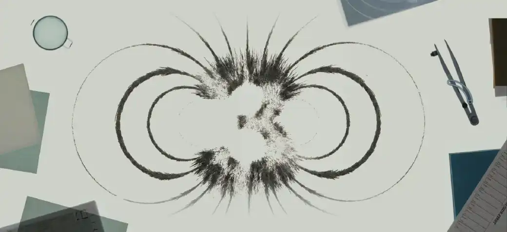 Iron filings on a pale desk arranged in curved magnetic field lines radiating from a central dipole pattern, subtly forming the characters "K3", surrounded by drafting tools including a compass, ruler, and sheets of paper.