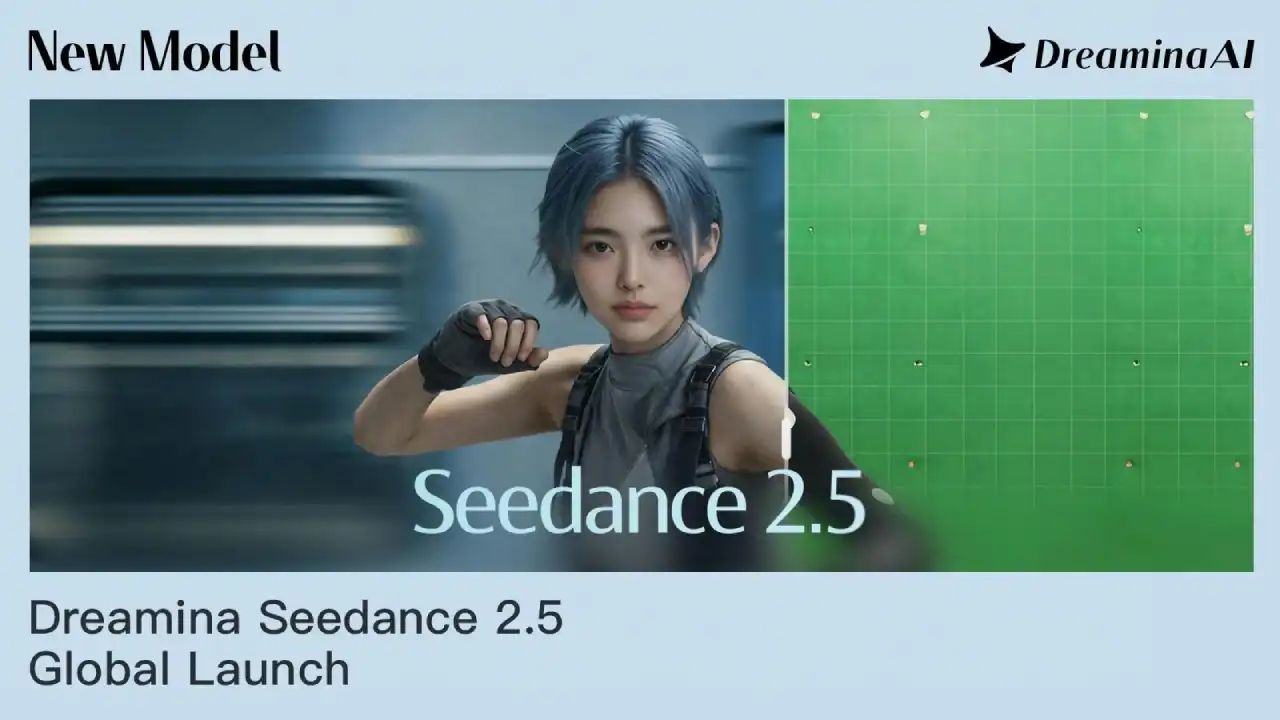 Dreamina Seedance 2.5 Global Launch promotional banner for the new AI video model, showing a blue-haired woman in fingerless gloves in a fighting stance beside a green screen backdrop.