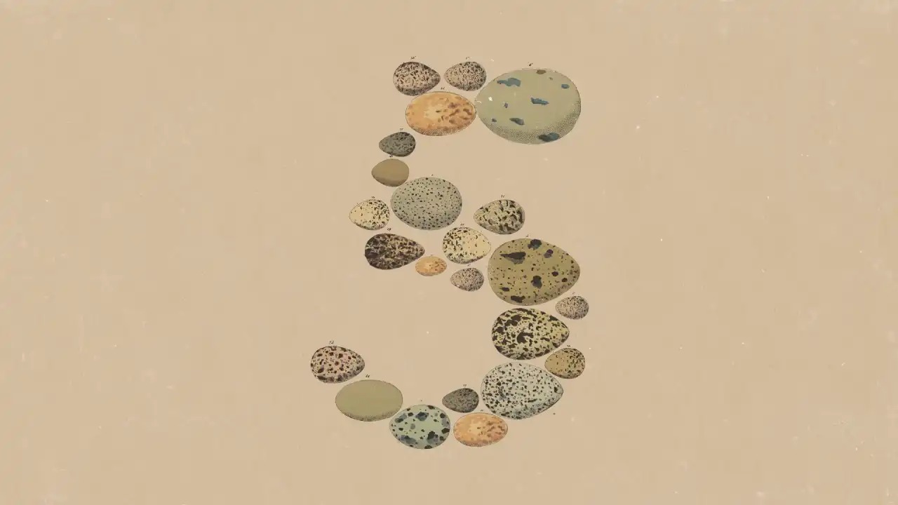 Claude Opus 5 illustration: the numeral 5 formed from vintage speckled bird egg drawings on a cream background