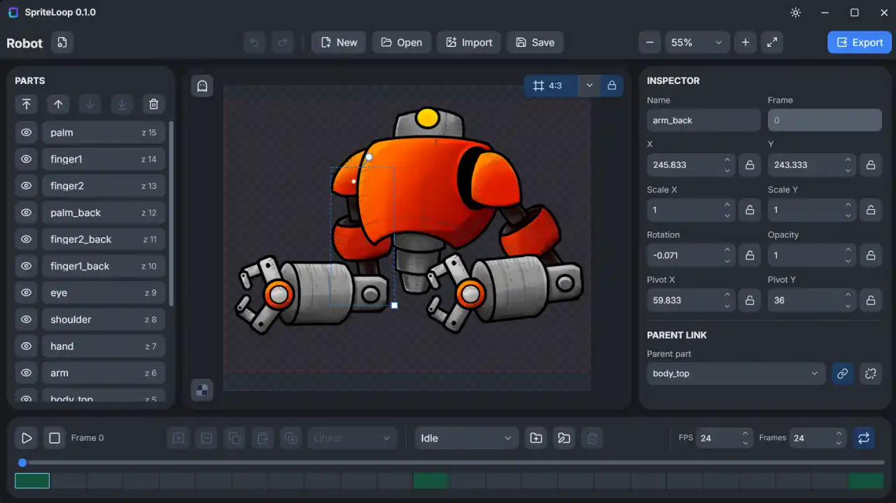 The SpriteLoop cutout animation tool interface, showing a rigged orange robot character with its layered sprite parts, inspector settings, and animation timeline.