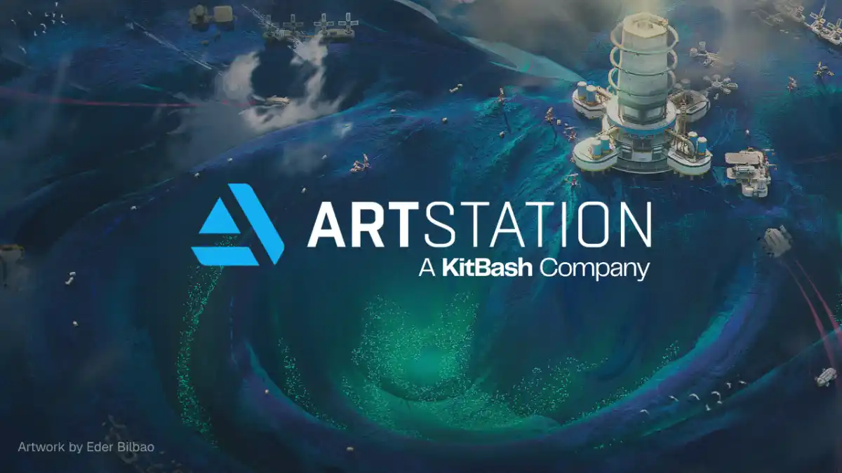 ArtStation logo and "A KitBash Company" tagline on futuristic ocean artwork.