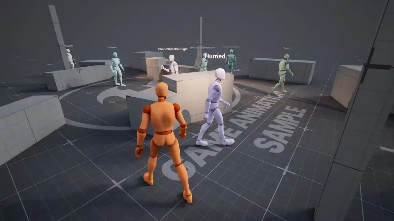 Grey Unreal Engine mannequins in a blockout level, each tagged with an animation style like Hurried and Tired, above the words Game Animation Sample on the floor.