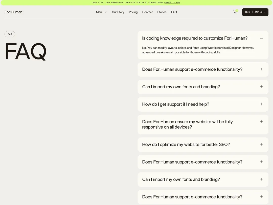 FAQ page for For:Human website showing questions about coding knowledge, e-commerce support, fonts, branding, support, responsiveness, and SEO.