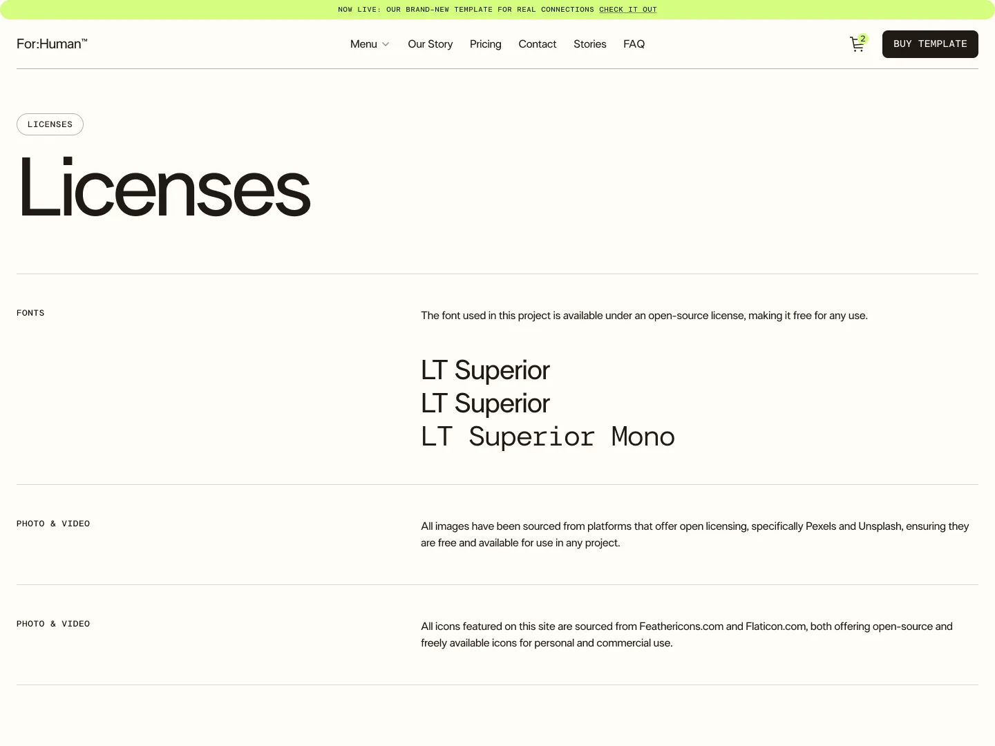 Licenses page detailing fonts LT Superior and LT Superior Mono, and stating open-source image and icon sources Pexels, Unsplash, Feathericons, Flaticon.