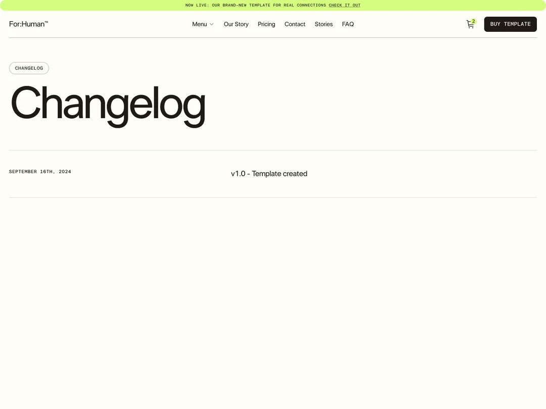 Webpage showing a changelog with version v1.0 created on September 16th, 2024, and navigation menu at top.