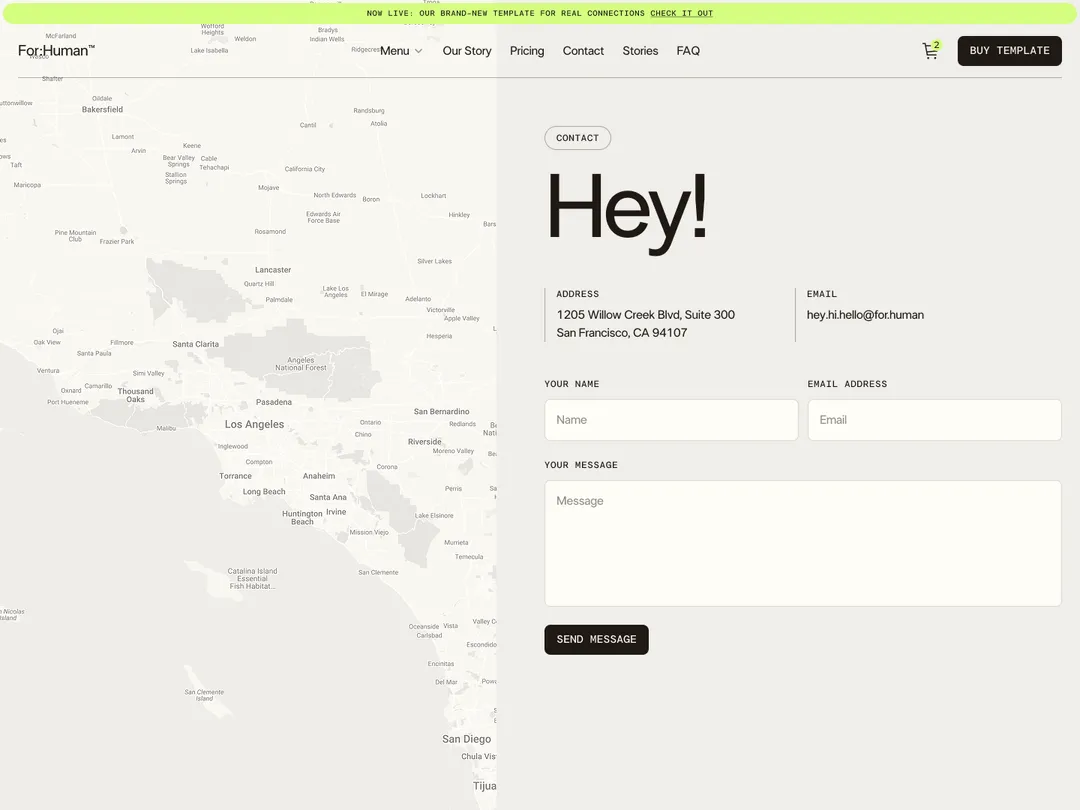 Contact page layout with a map of Southern California on the left and a contact form on the right including address, email, name, and message fields.