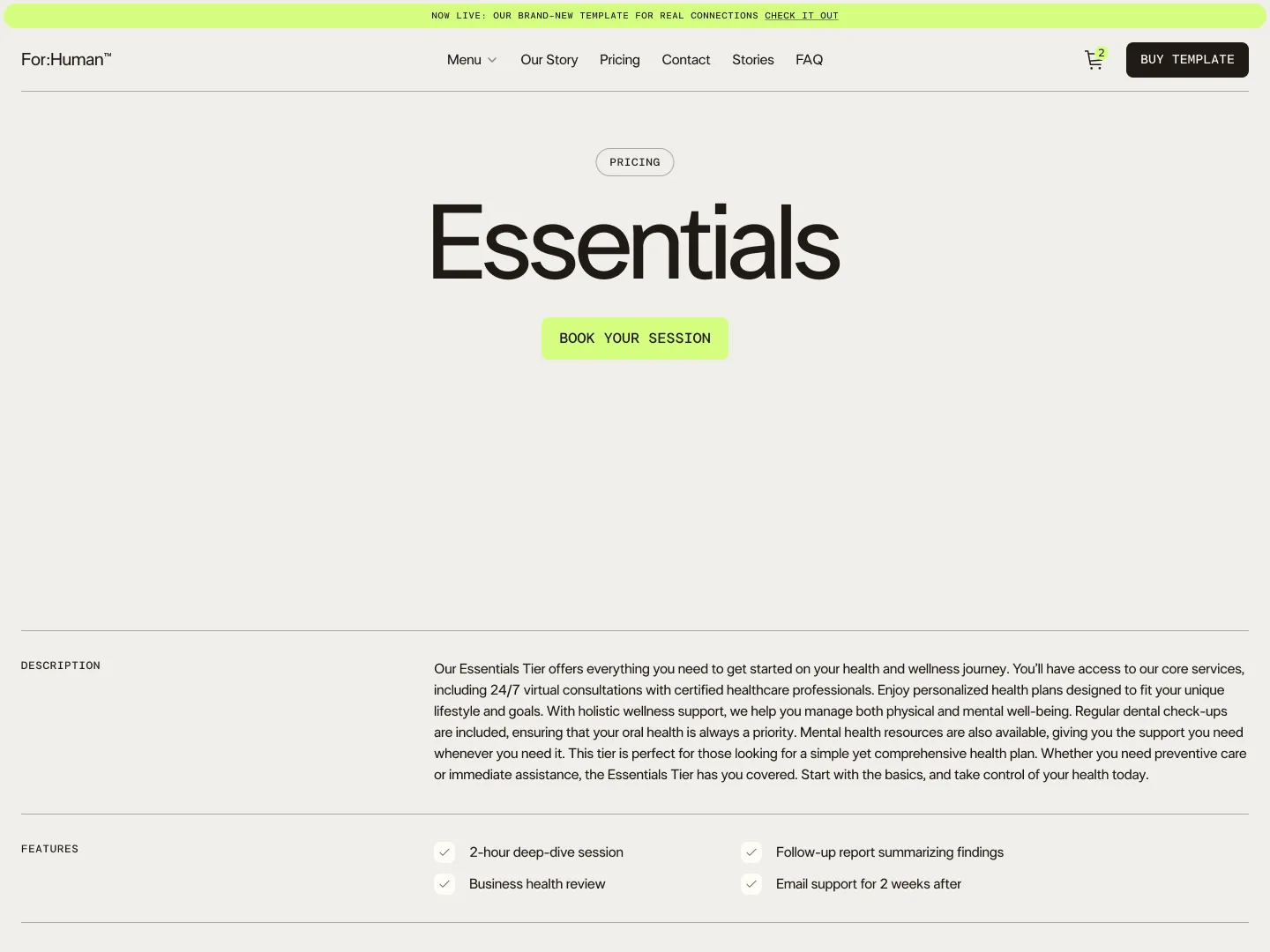 For:Human Essentials tier webpage highlighting a health and wellness plan with a 'Book Your Session' button and key features listed.