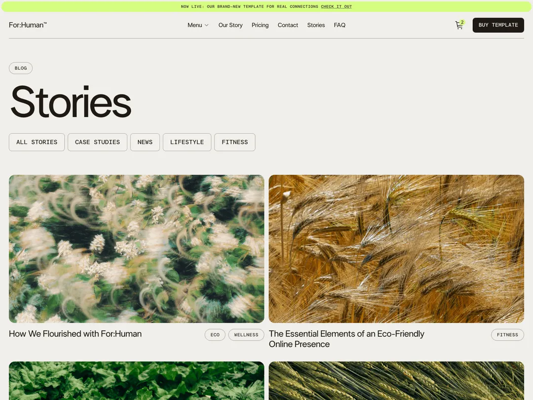 Webpage titled Stories with blog categories and images of plants and wheat accompanying articles.